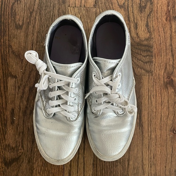 Silver Leather Vans Laceups Women 8.5 - Picture 1 of 8